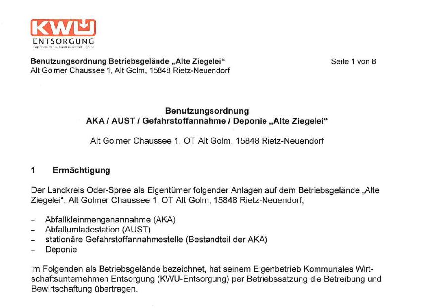 Link zur Benutzungsordnung des Wertstoffhofes, Abfallumschlagstation, Gefahrstoffannahme und Deponie "Alte Ziegelei" in Alt Golm