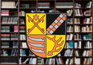 Satzungen: Wappen des Landkreises Oder-Spree vor Bücherregal